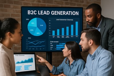 Digital marketing team analyzing B2C lead generation data on screens
