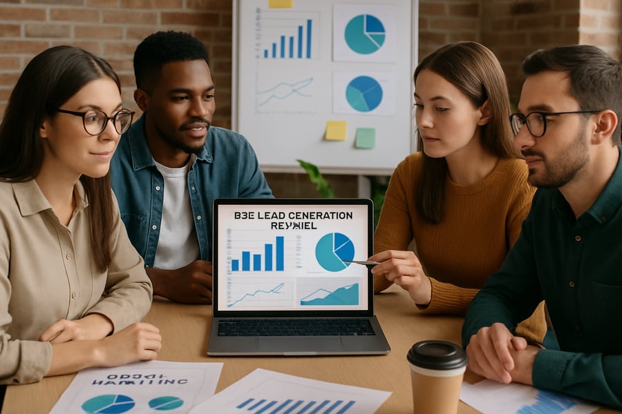 Digital marketing team analyzing B2C lead generation results